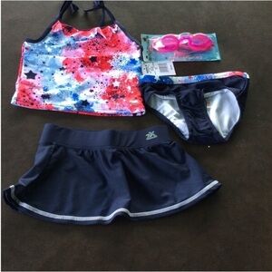ZeroXposur swim set with goggles Girls size 4-6X red white blue pink